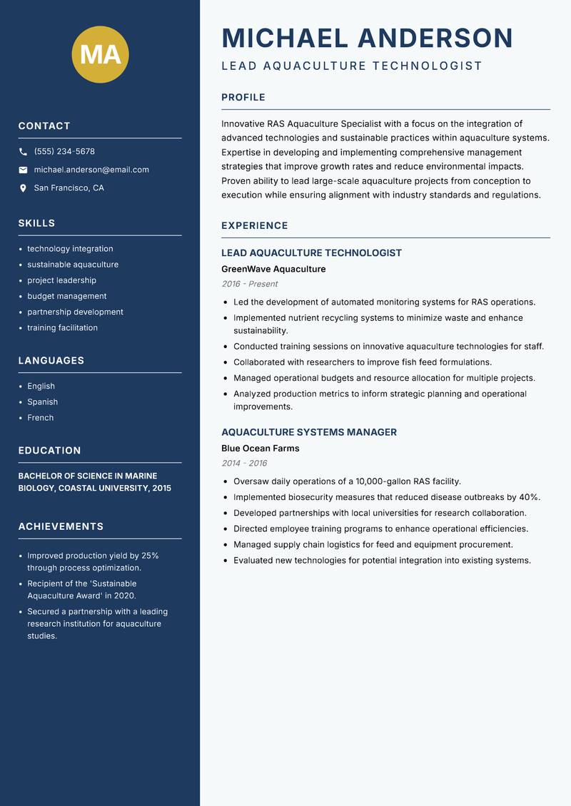 RAS Aquaculture Specialist resume sample — Lead Aquaculture Technologist focus