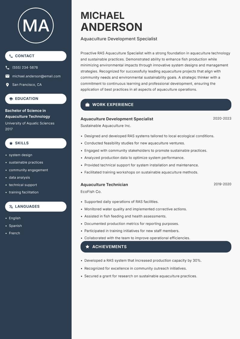 RAS Aquaculture Specialist resume sample — Aquaculture Development Specialist focus