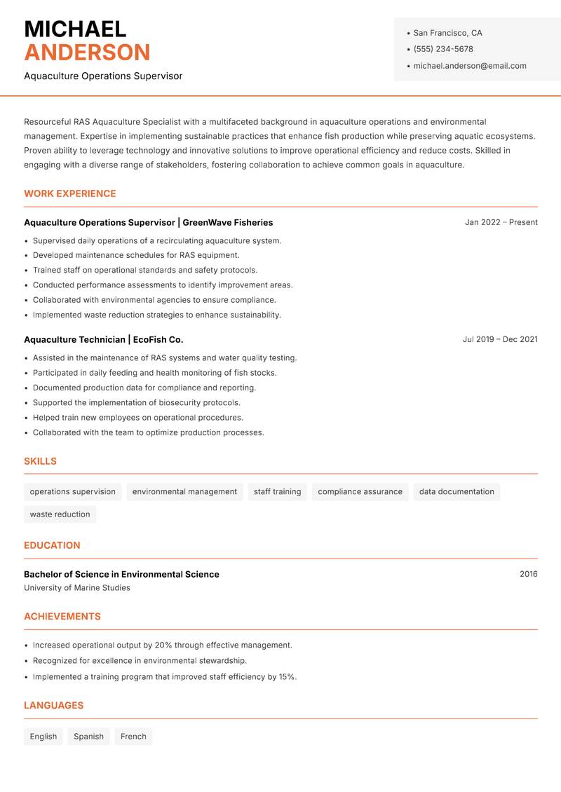RAS Aquaculture Specialist resume sample — Aquaculture Operations Supervisor focus