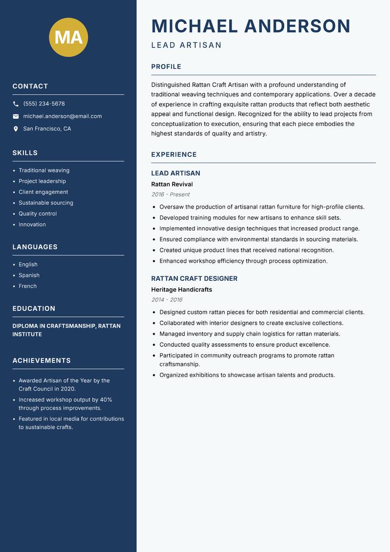 Rattan Craft Artisan resume sample — Lead Artisan focus