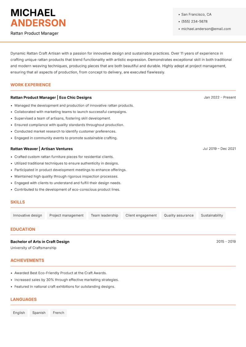Rattan Craft Artisan resume sample — Rattan Product Manager focus