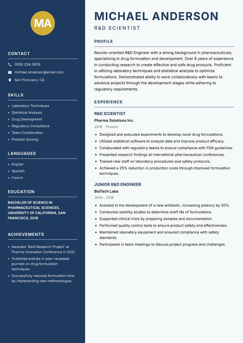 R&D Engineer resume sample — R&D Scientist focus