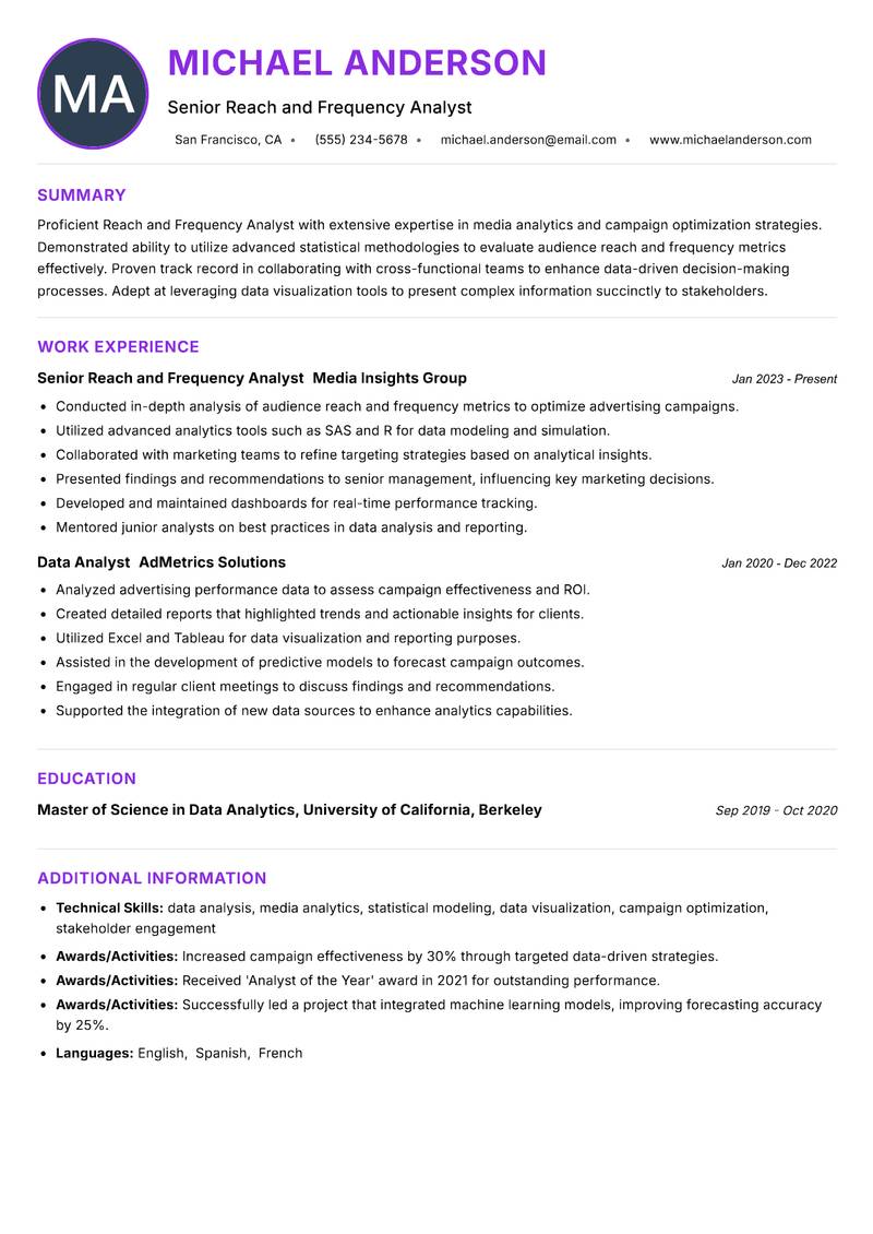 Reach and Frequency Analyst resume example