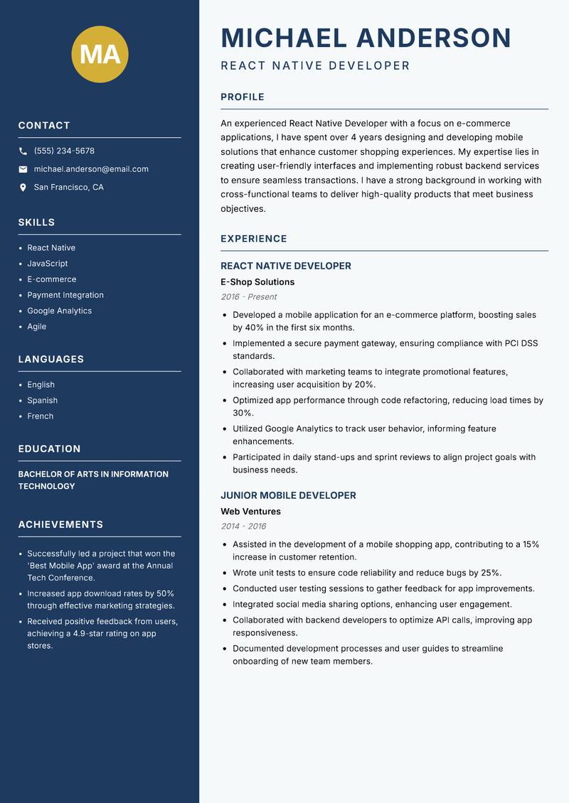 React Native Developer resume sample — React Native Developer focus