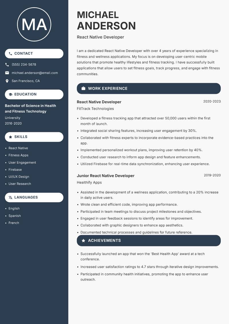 React Native Developer resume sample — React Native Developer focus