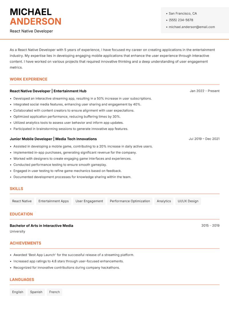React Native Developer resume sample — React Native Developer focus