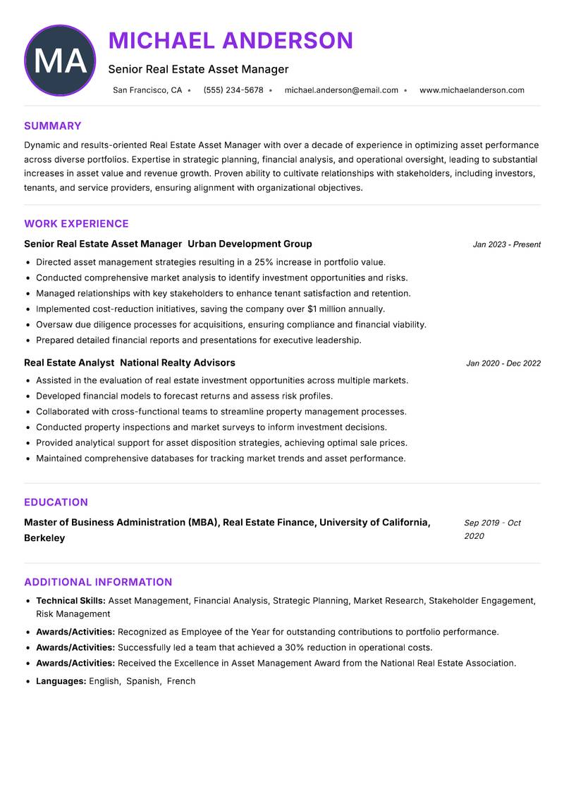 Real Estate Asset Manager resume example