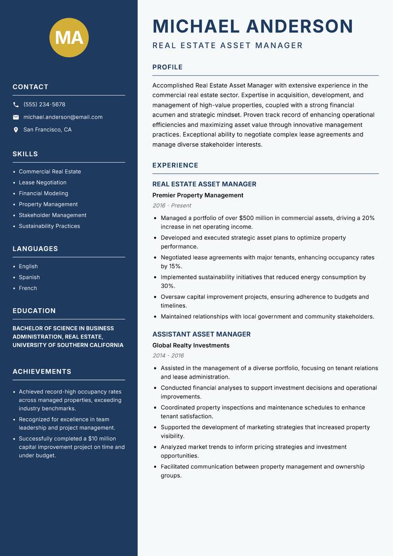 Real Estate Asset Manager resume sample — Real Estate Asset Manager focus
