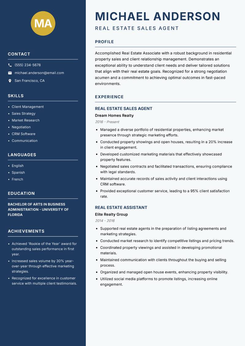 Real Estate Associate resume sample — Real Estate Sales Agent focus