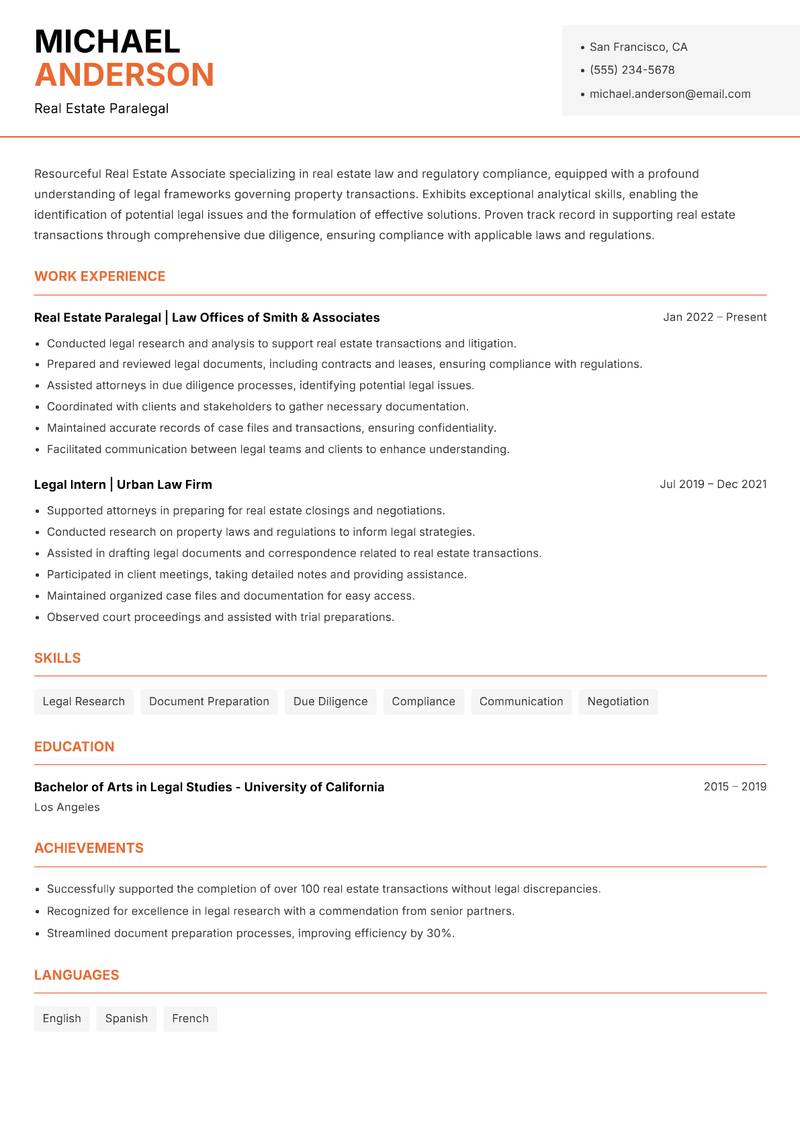 Real Estate Associate resume sample — Real Estate Paralegal focus
