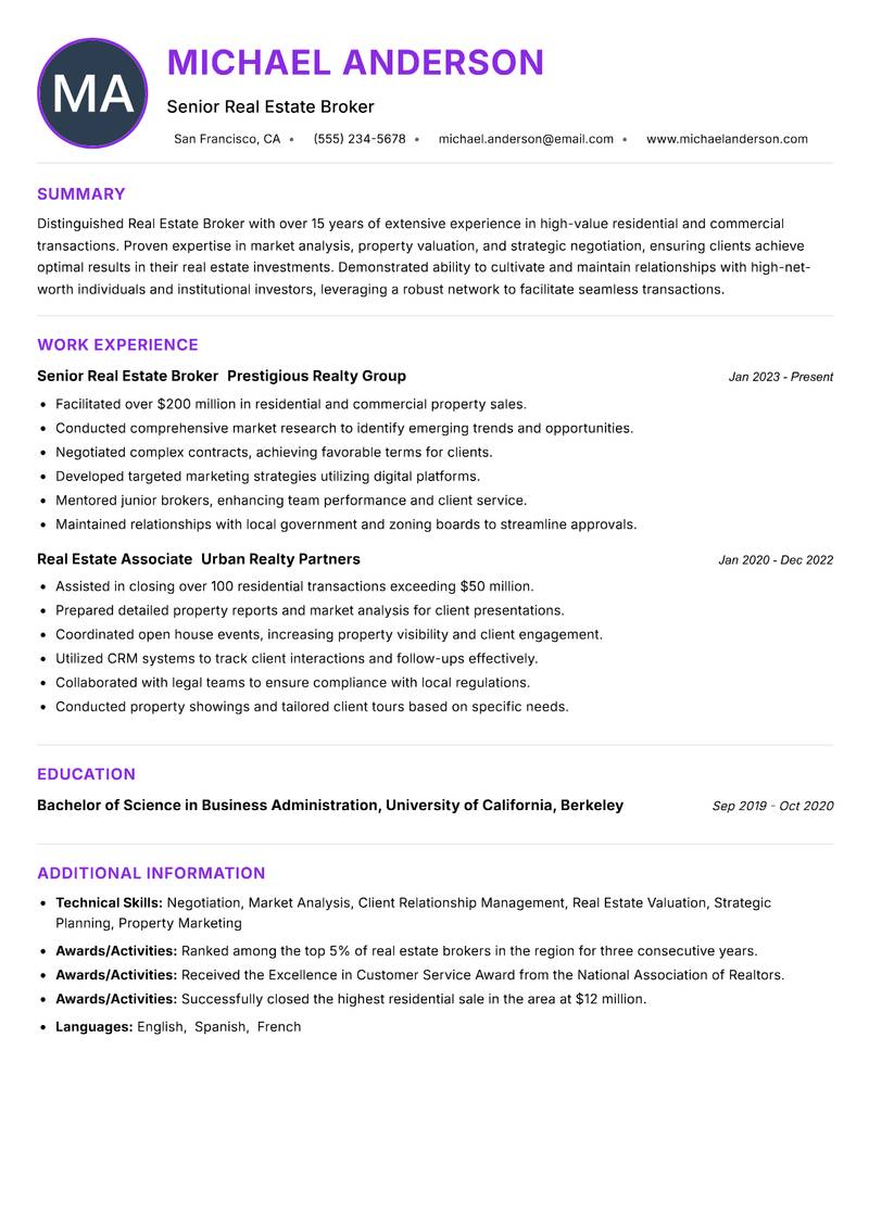 Real Estate Broker resume example