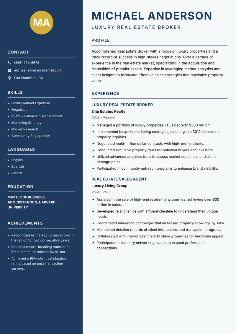 Real Estate Broker resume sample — Luxury Real Estate Broker focus