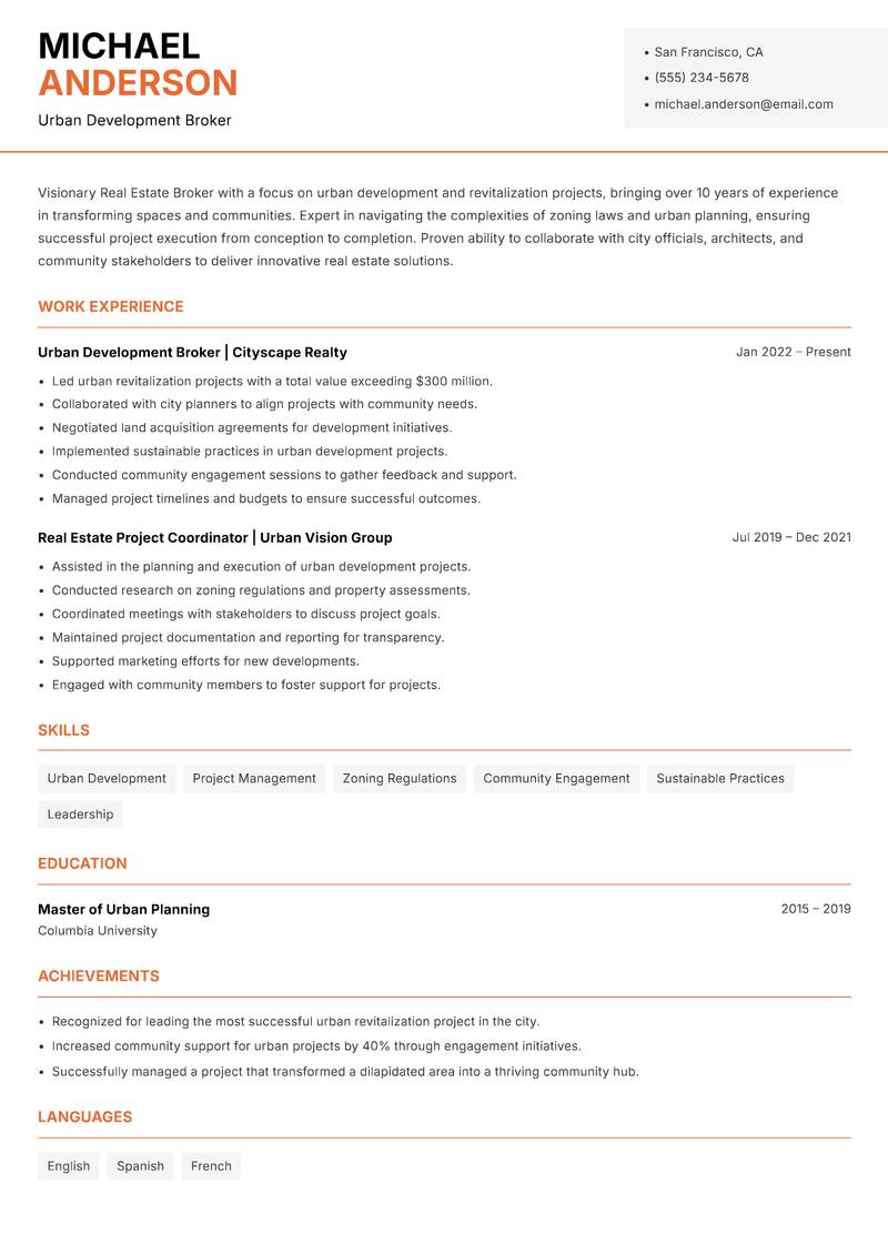 Real Estate Broker resume sample — Urban Development Broker focus