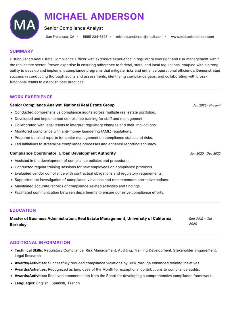 Real Estate Compliance Officer resume example