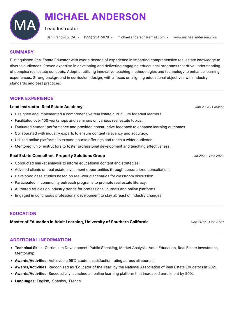 Real Estate Educator resume example