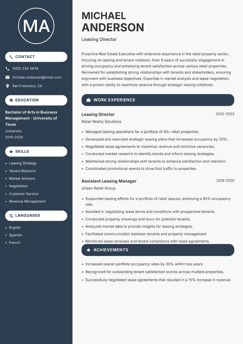 Real Estate Executive resume sample — Leasing Director focus