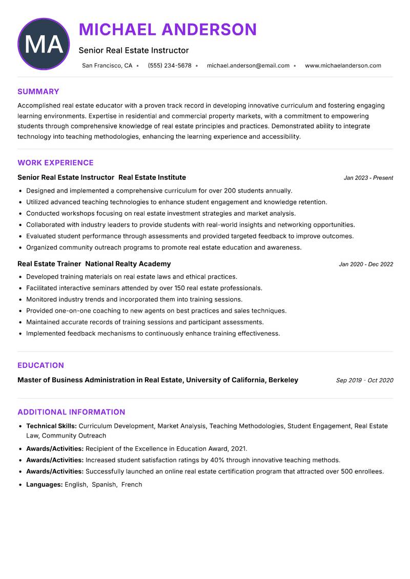Real Estate Instructor resume example