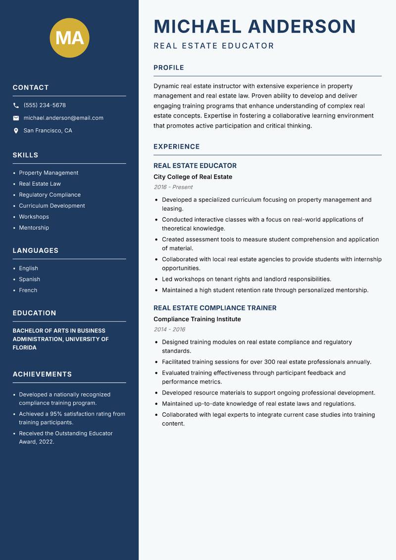 Real Estate Instructor resume sample — Real Estate Educator focus