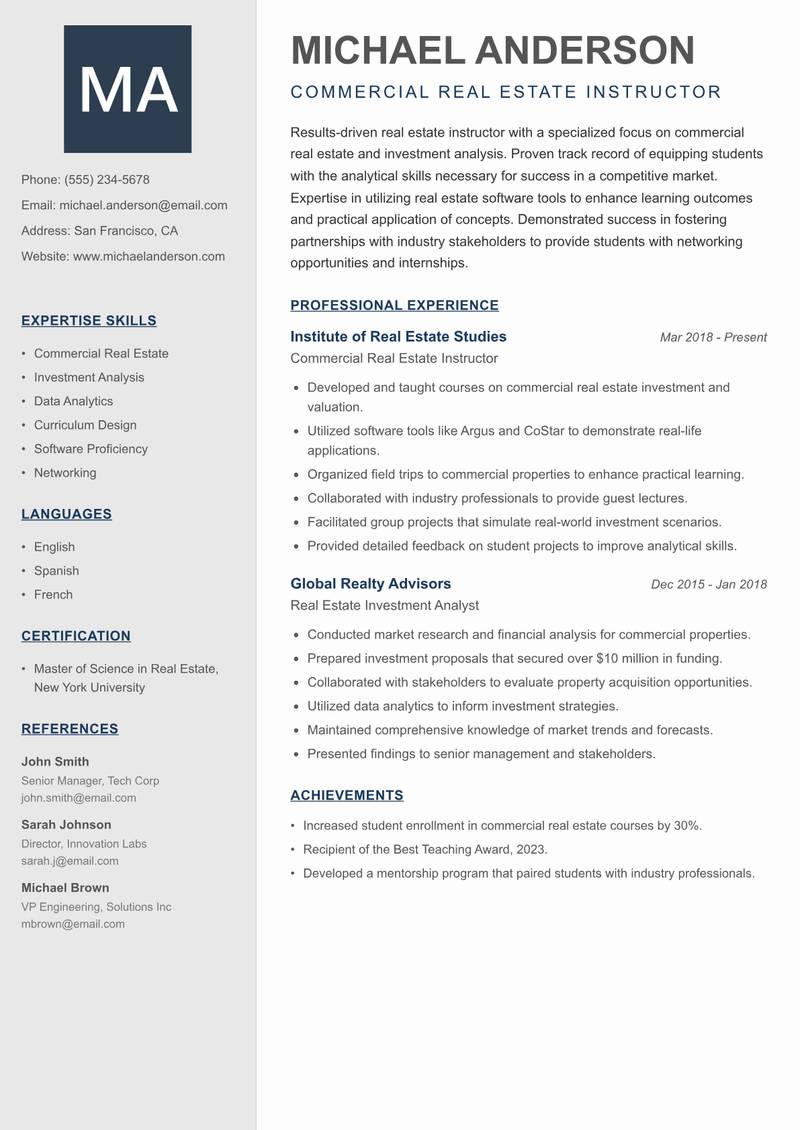 Real Estate Instructor resume sample — Commercial Real Estate Instructor focus