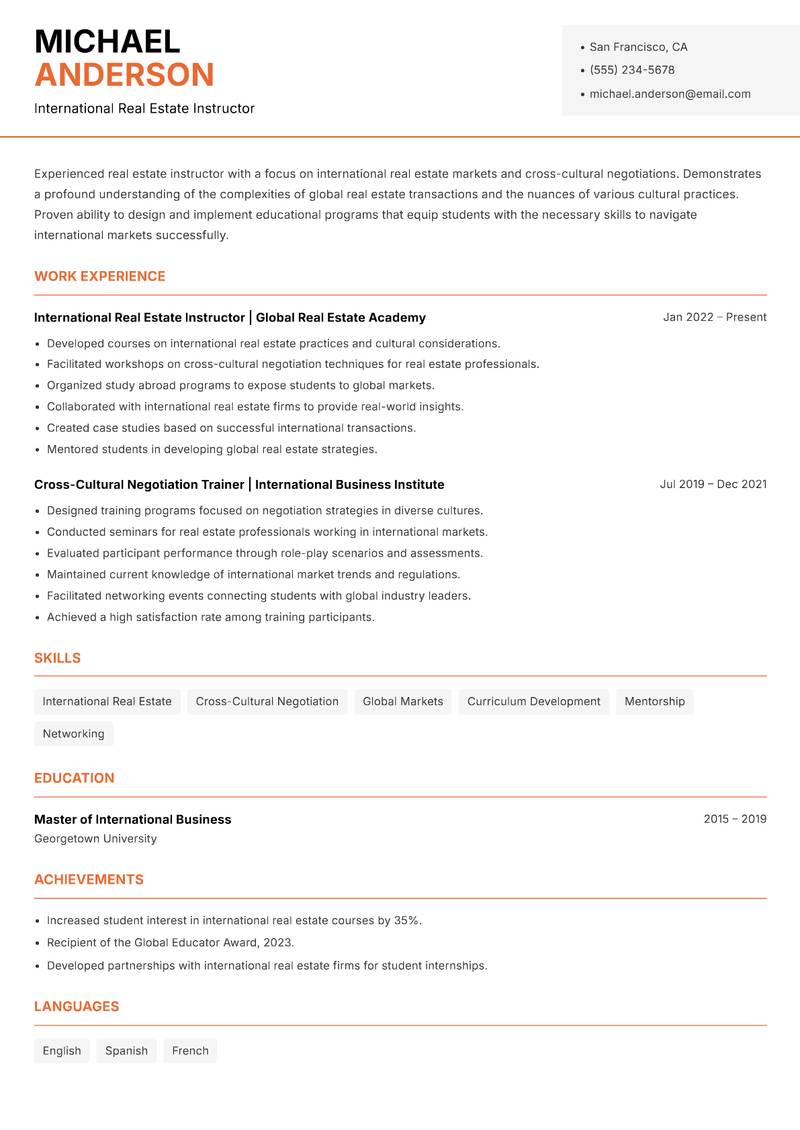 Real Estate Instructor resume sample — International Real Estate Instructor focus