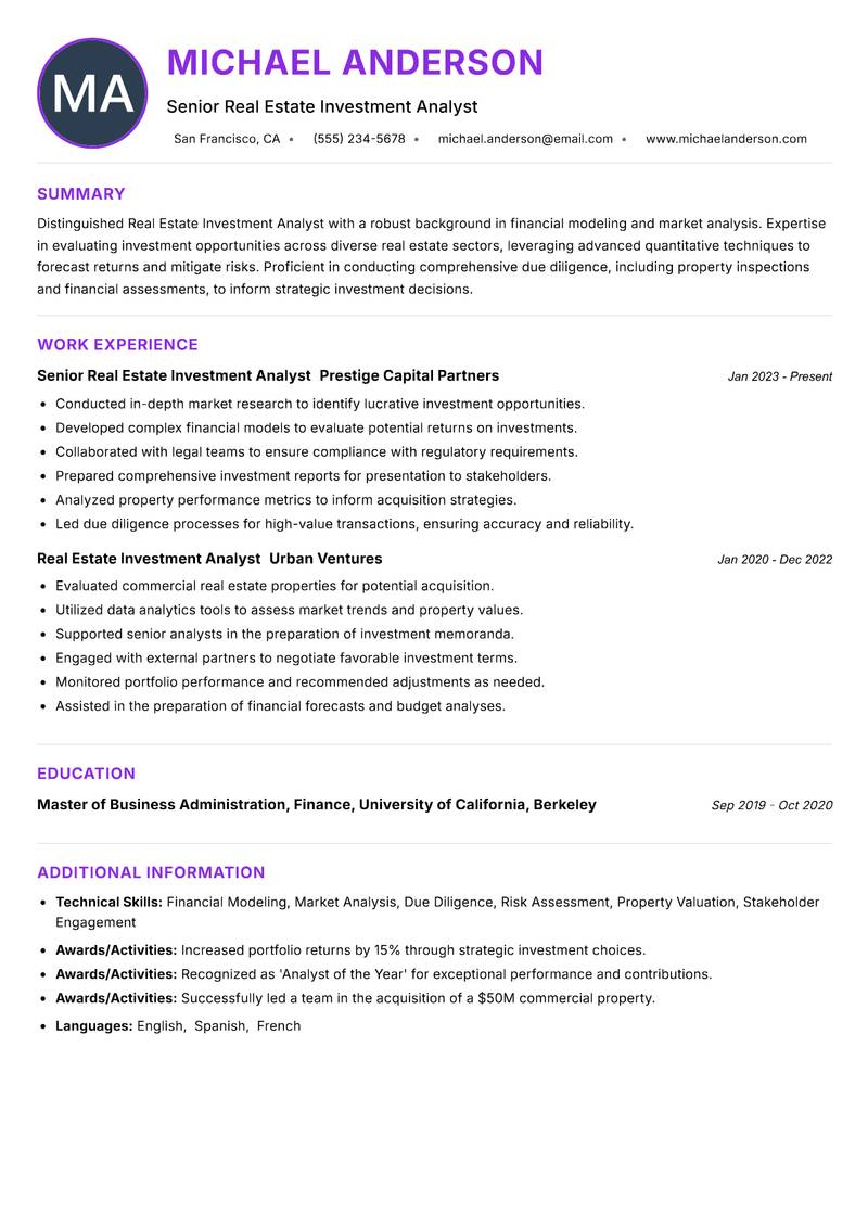 Real Estate Investment Analyst resume example