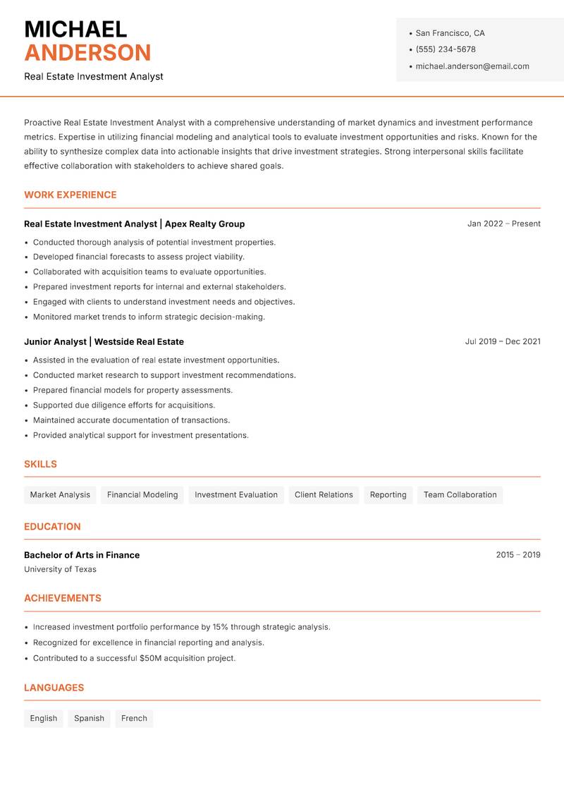 Real Estate Investment Analyst resume sample — Real Estate Investment Analyst focus