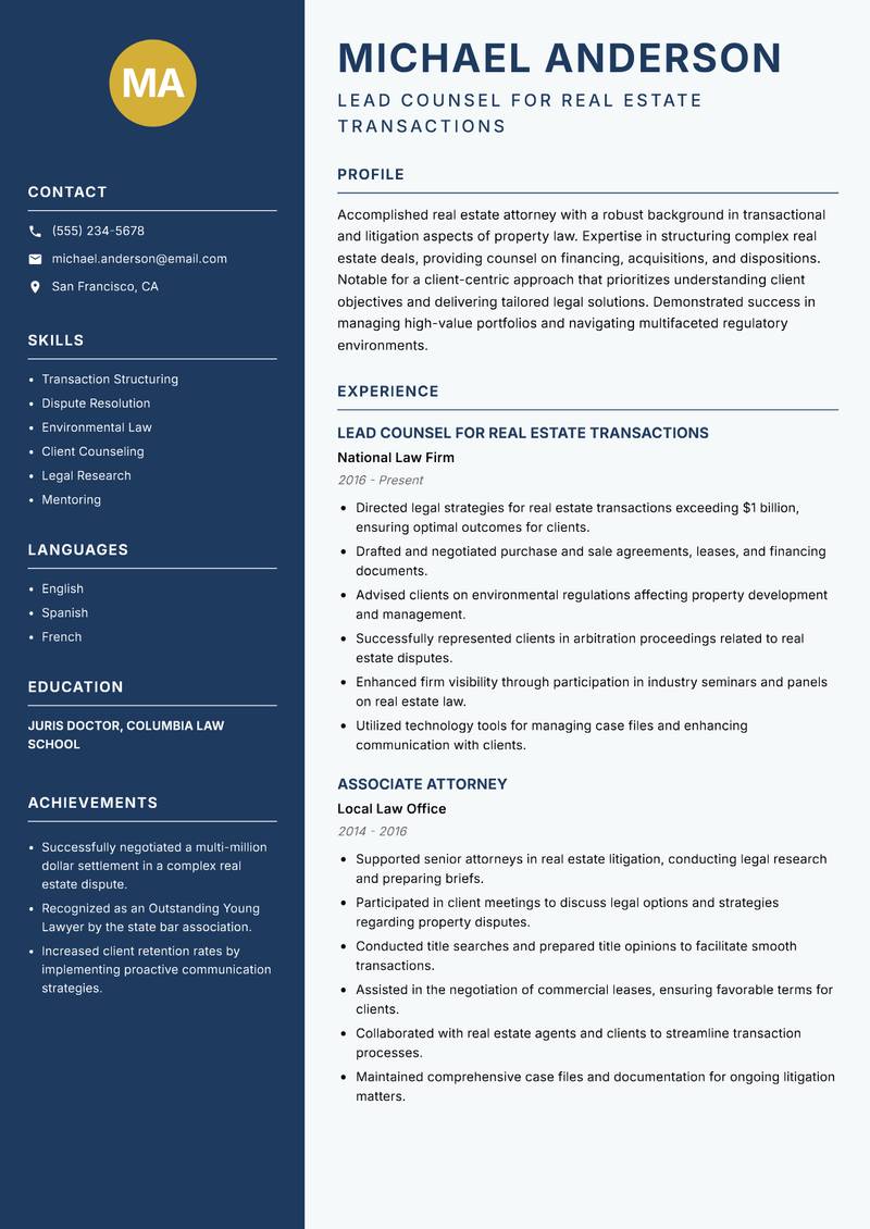 Real Estate Lawyer resume sample — Lead Counsel for Real Estate Transactions focus