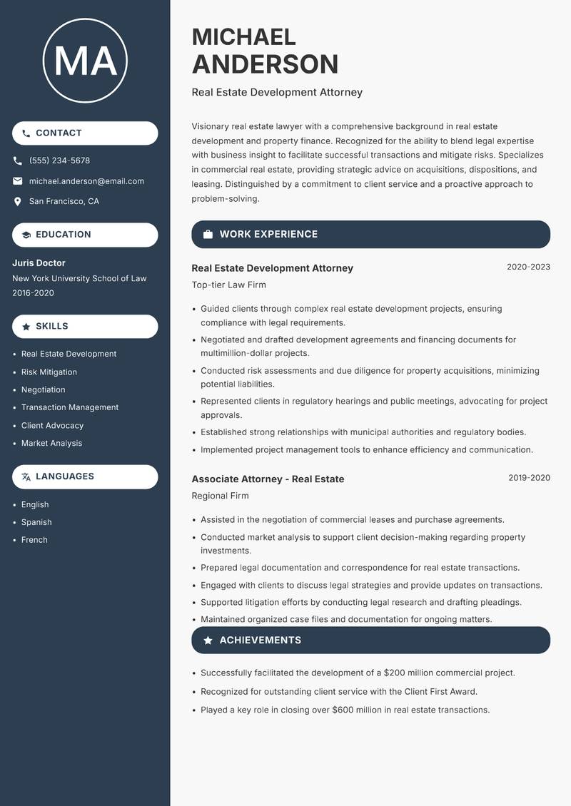 Real Estate Lawyer resume sample — Real Estate Development Attorney focus
