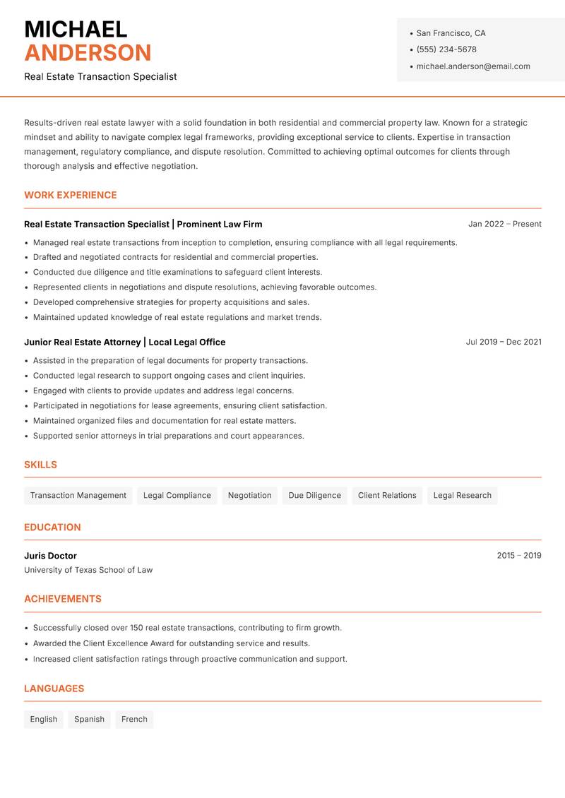 Real Estate Lawyer resume sample — Real Estate Transaction Specialist focus