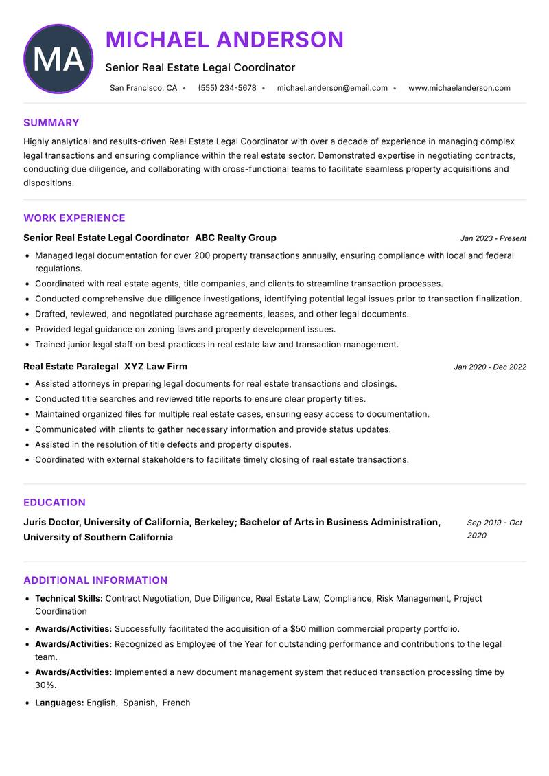Real Estate Legal Coordinator resume example