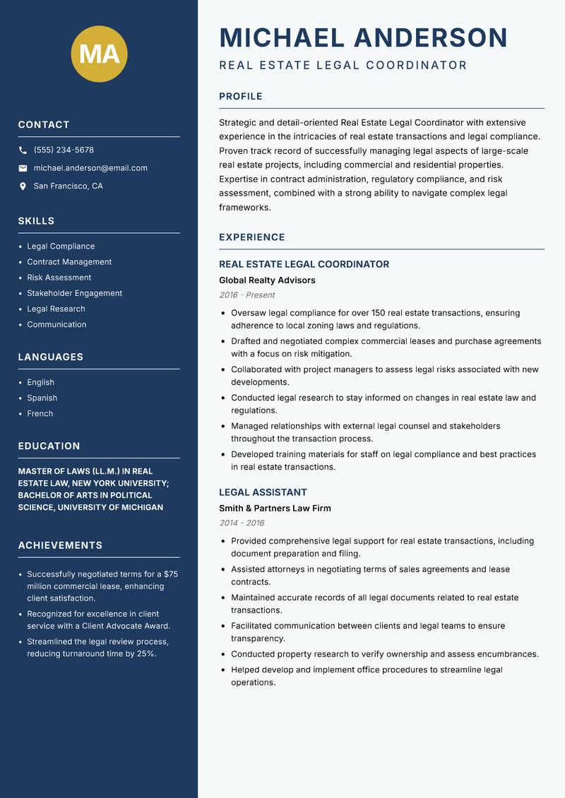 Real Estate Legal Coordinator resume sample — Real Estate Legal Coordinator focus
