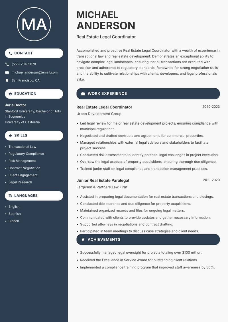 Real Estate Legal Coordinator resume sample — Real Estate Legal Coordinator focus