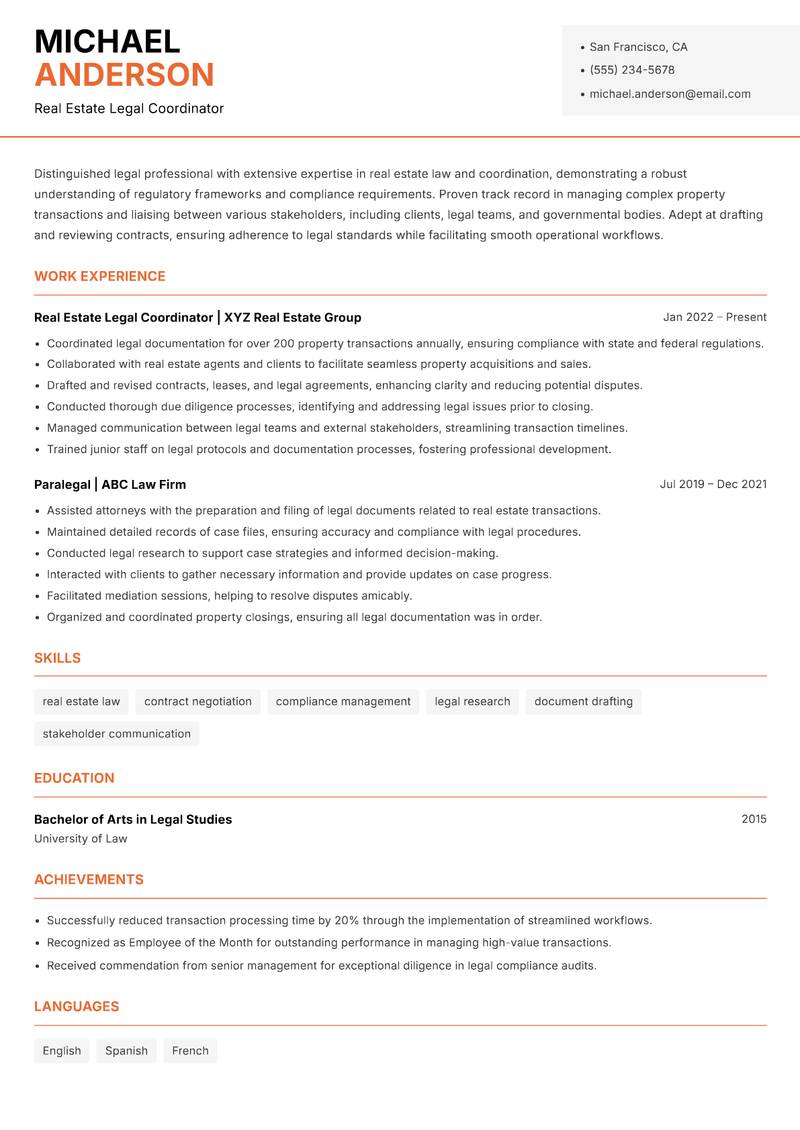 Real Estate Legal Coordinator resume sample — Real Estate Legal Coordinator focus