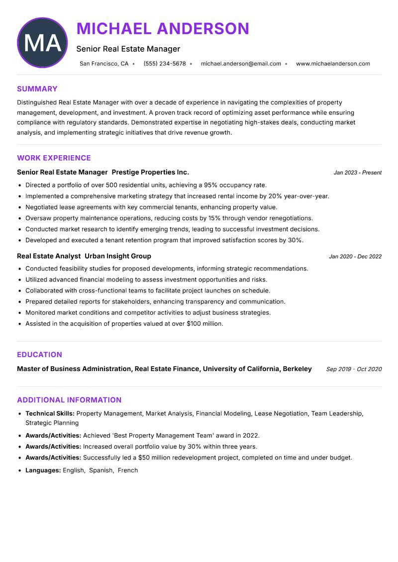 Real Estate Manager resume example