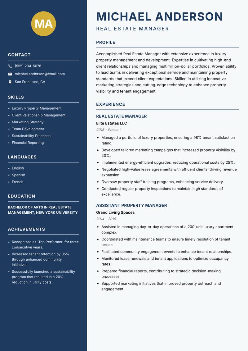 Real Estate Manager resume sample — Real Estate Manager focus