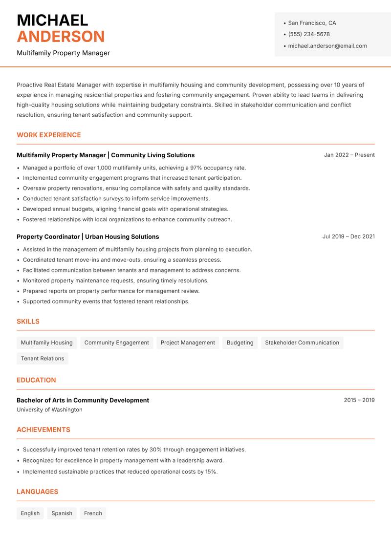 Real Estate Manager resume sample — Multifamily Property Manager focus