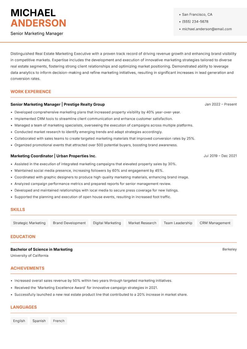 Real Estate Marketing Executive resume sample — Senior Marketing Manager focus