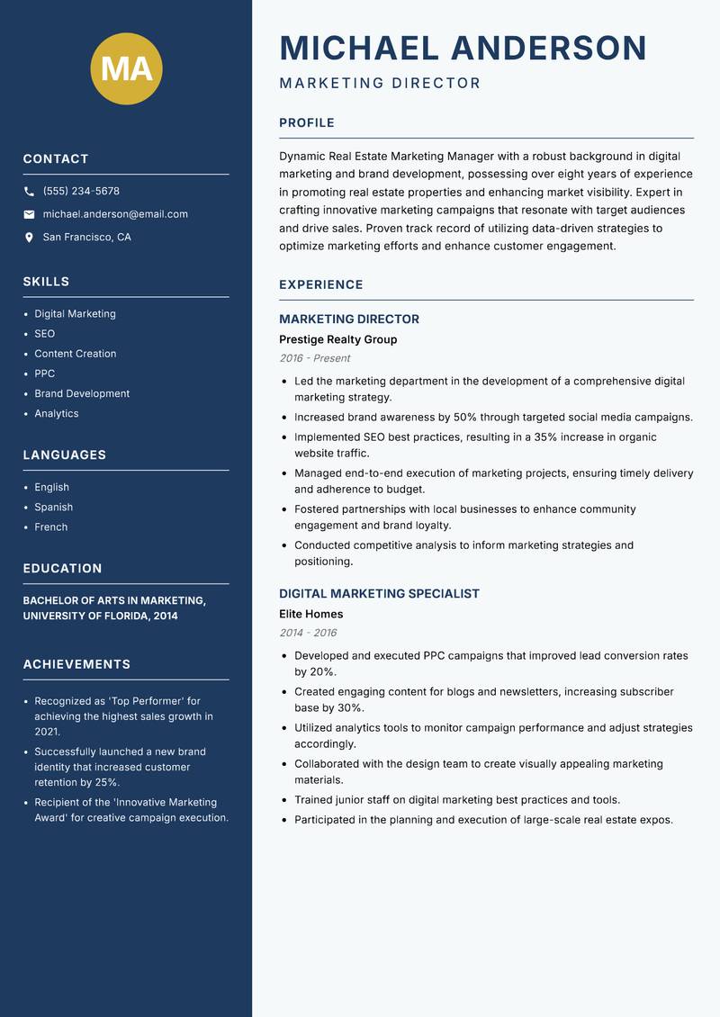 Real Estate Marketing Manager resume sample — Marketing Director focus