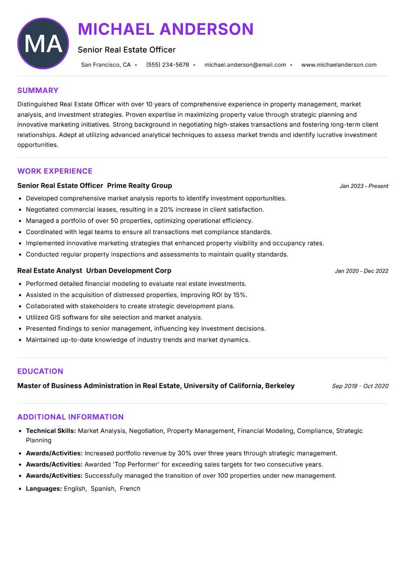 Real Estate Officer resume example