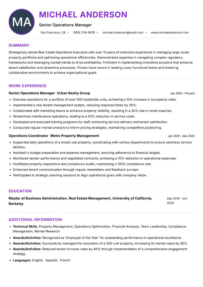 Real Estate Operations Executive resume example