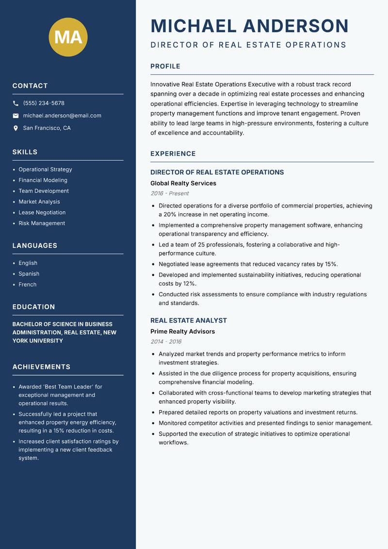 Real Estate Operations Executive resume sample — Director of Real Estate Operations focus