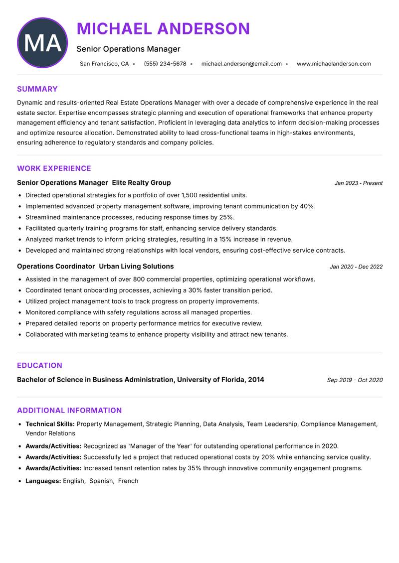 Real Estate Operations Manager resume example