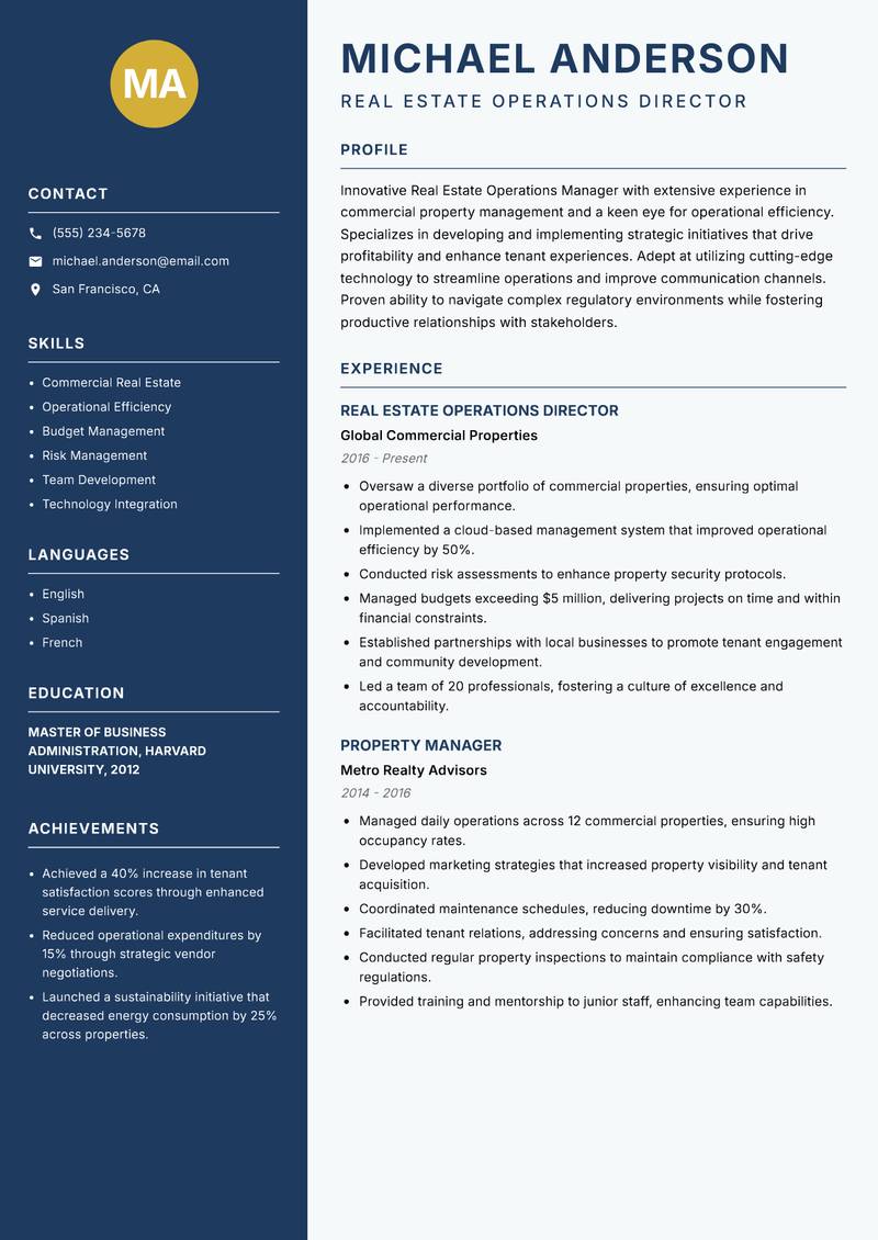 Real Estate Operations Manager resume sample — Real Estate Operations Director focus
