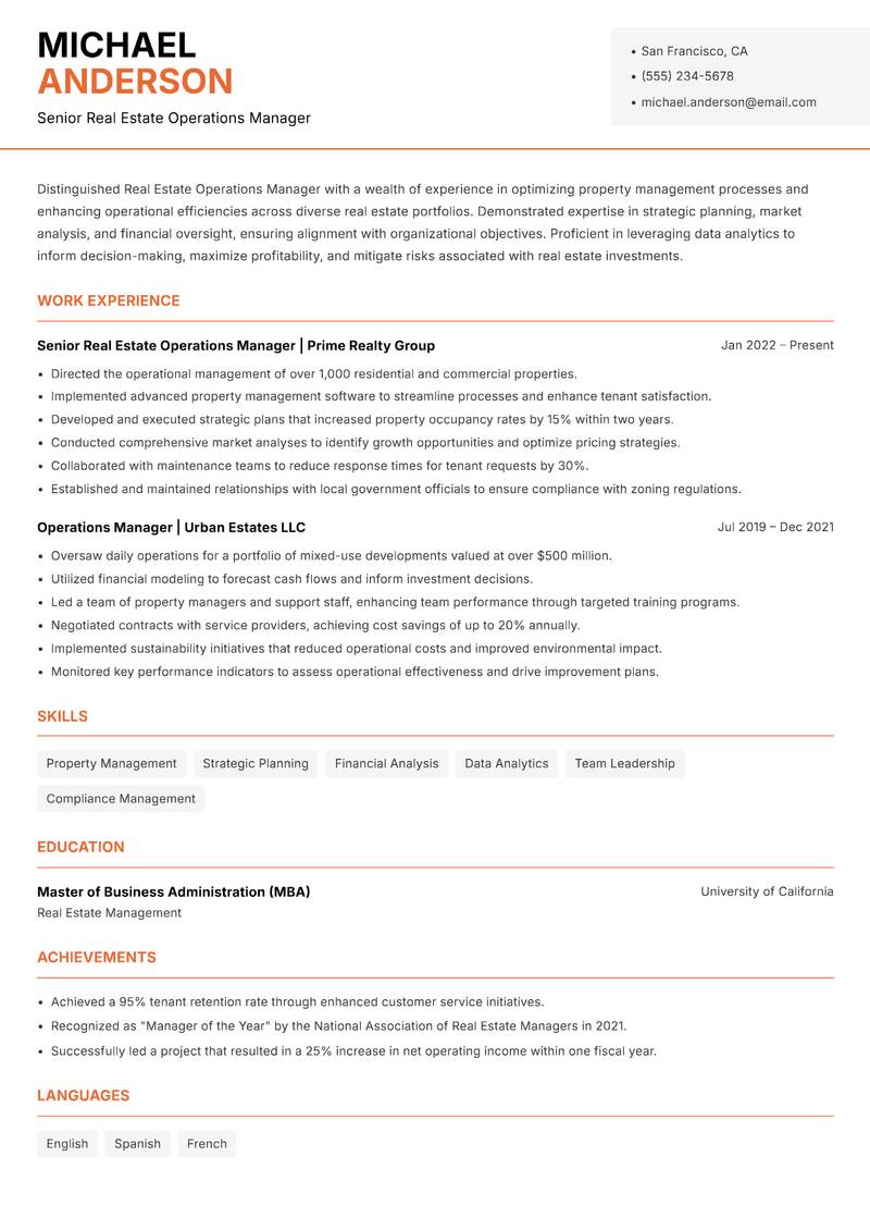 Real Estate Operations Manager resume sample — Senior Real Estate Operations Manager focus