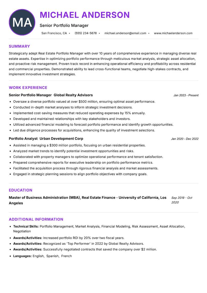 Real Estate Portfolio Manager resume example