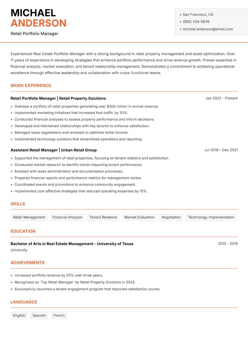 Real Estate Portfolio Manager resume sample — Retail Portfolio Manager focus
