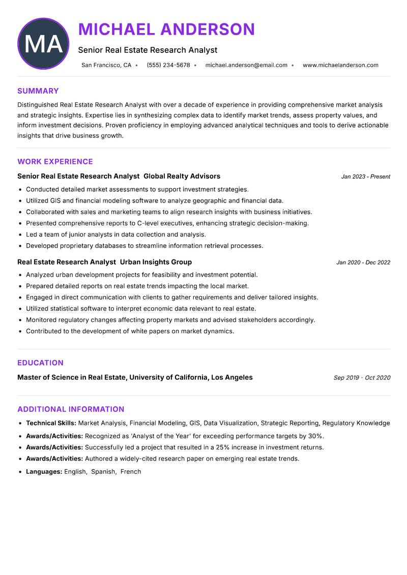 Real Estate Research Analyst resume example