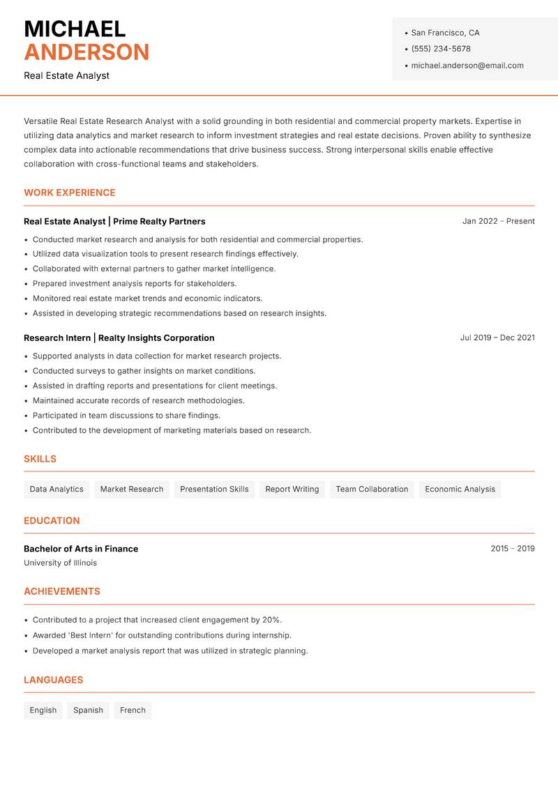 Real Estate Research Analyst resume sample — Real Estate Analyst focus