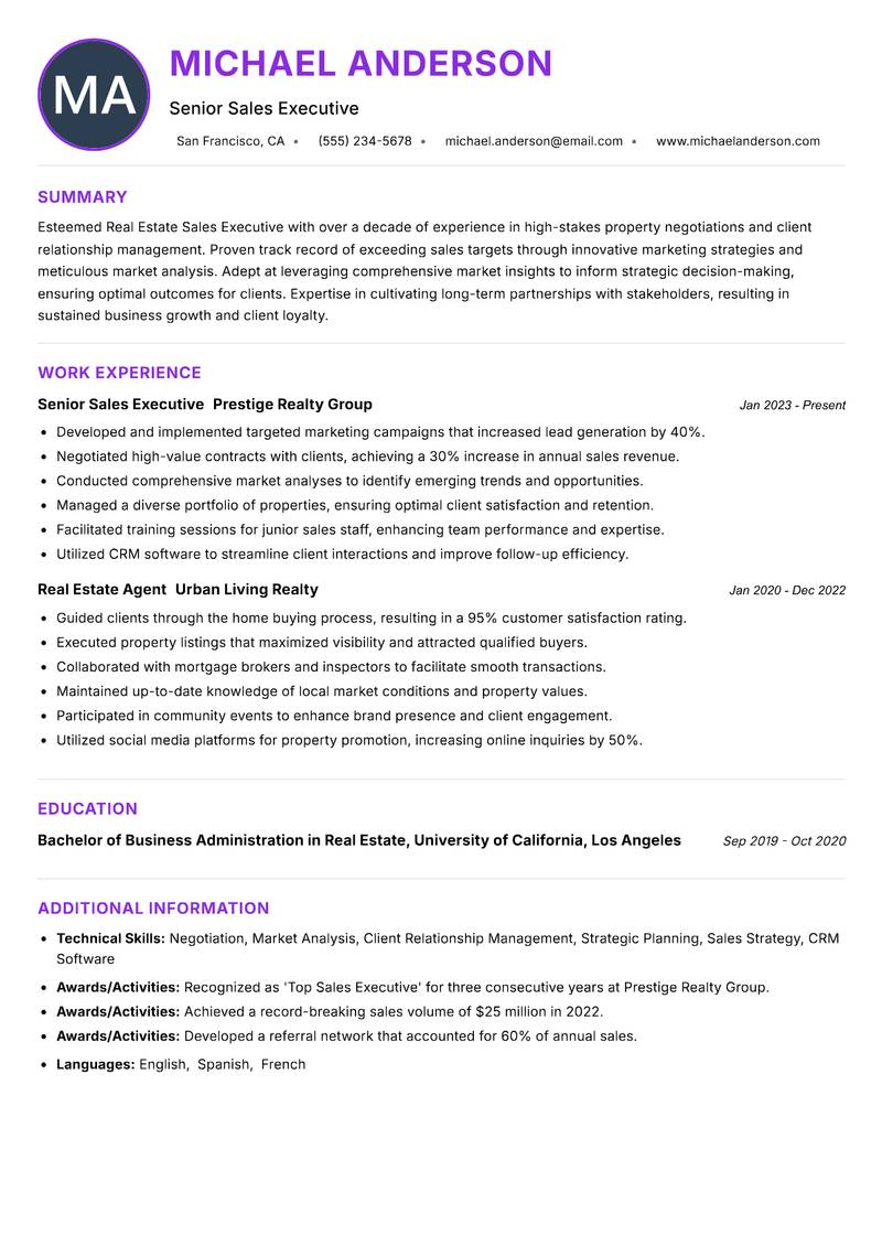 Real Estate Sales Executive resume example