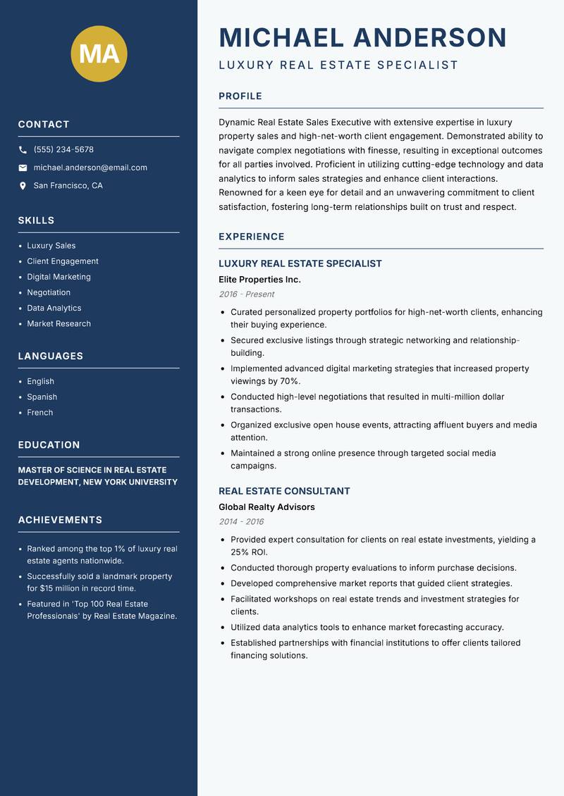 Real Estate Sales Executive resume sample — Luxury Real Estate Specialist focus